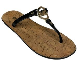 Michael Kors Black Patent Leather Thong Flat Sandals w/Gold MK Medallion Size 6